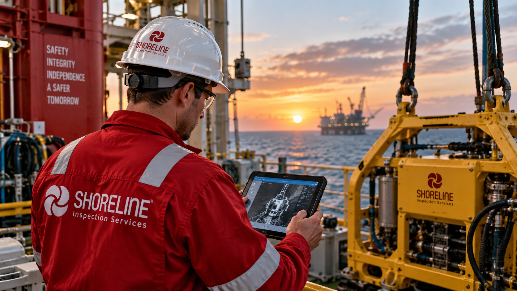 Shoreline Inspection Services inspector reviewing subsea equipment in an offshore industrial environment