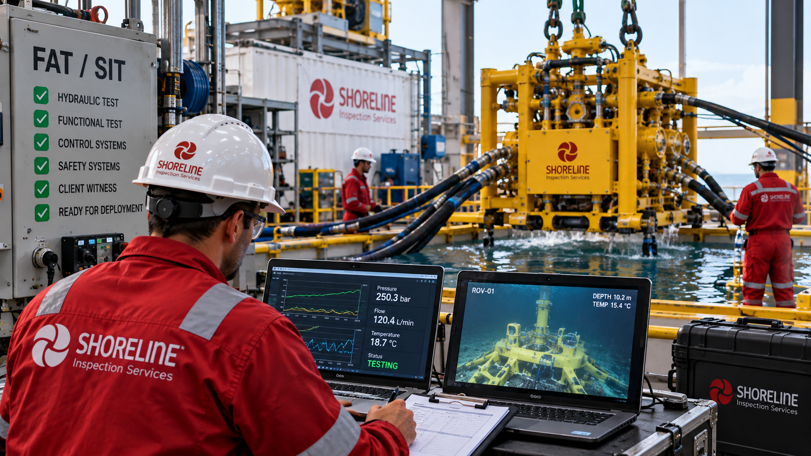 Shoreline Inspection Services FAT and SIT testing scene with subsea equipment and test monitoring