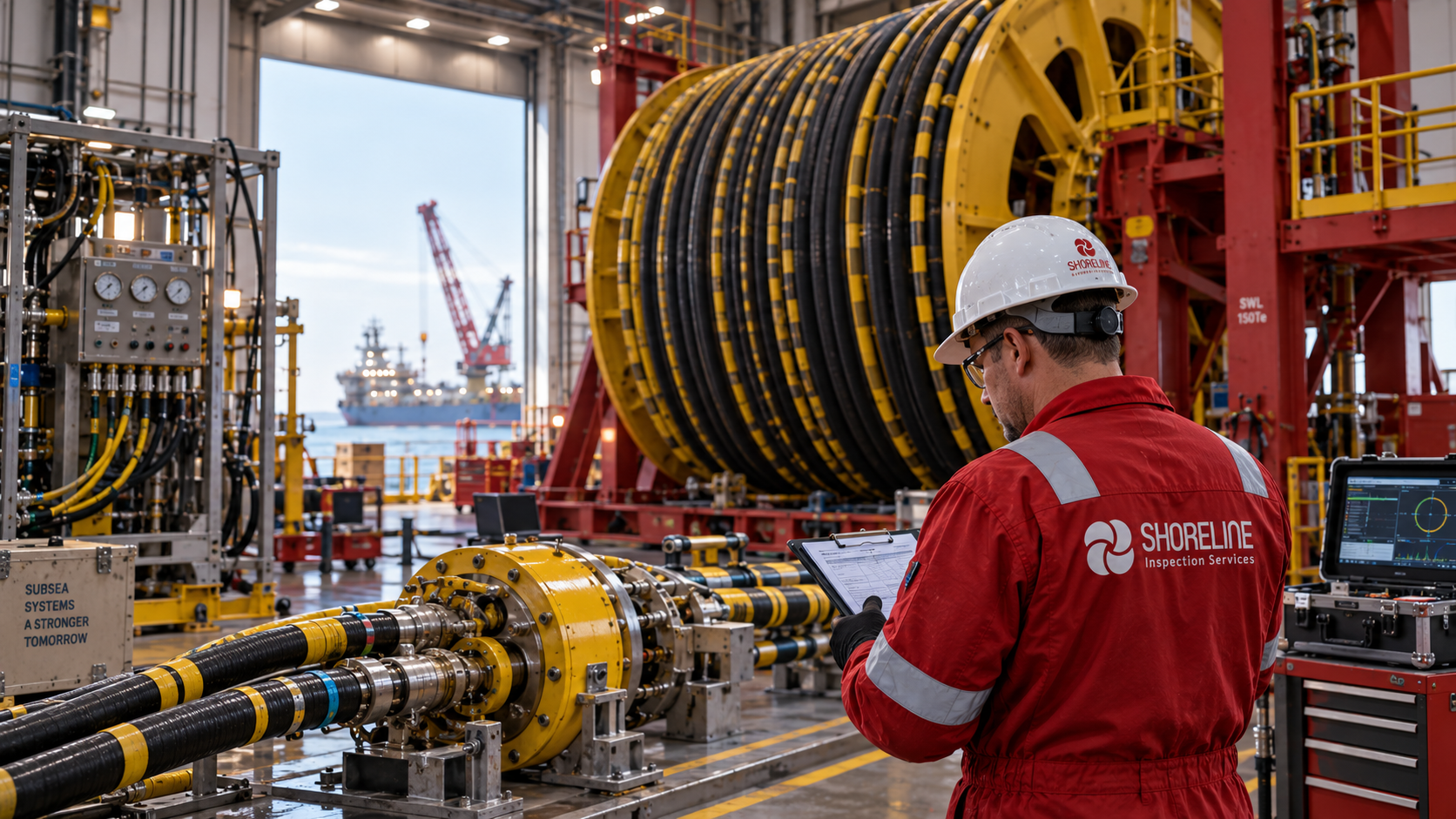 Specialist subsea inspection image showing umbilical or flexible pipe manufacturing equipment
